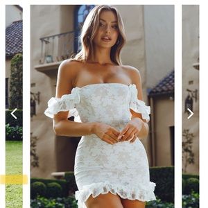 Short white dress with lace off the shoulder straps, bridal